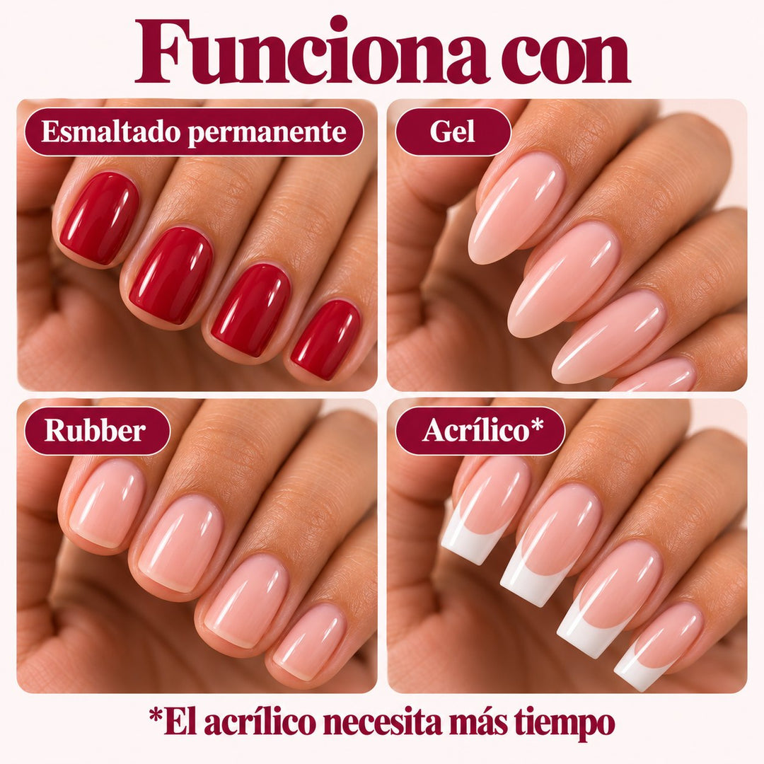 Funciona con esmaltado permanente, gel, rubber y acrílico